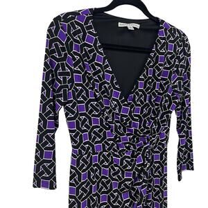 Maggy London V Neck Faux Wrap Geometric Print Dress Black Purple Women's 4